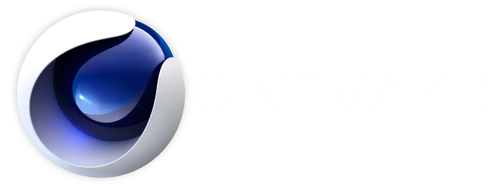 Logo di Cinema 4D con una sfera 3D stilizzata bianca e blu a sinistra e il testo CINEMA 4D in grassetto su sfondo nero.
