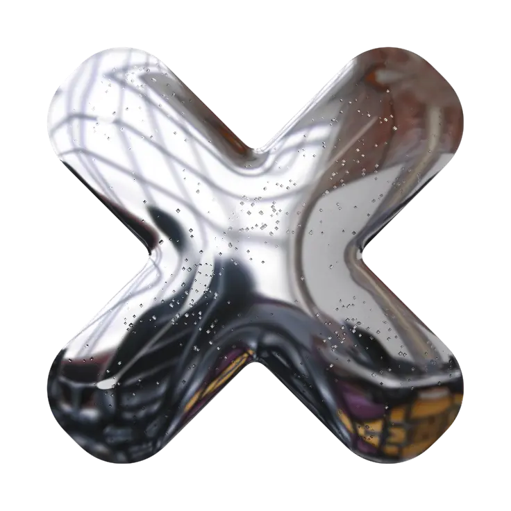 Una forma a X lucida e metallica con una superficie riflettente che mostra riflessi di luce e finestre, oltre a piccole macchie sparse. Lo sfondo è nero.