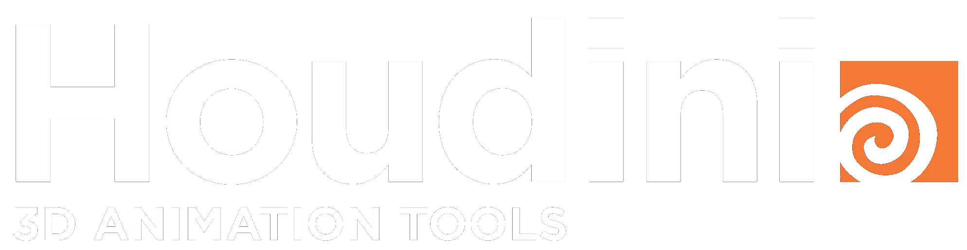 Logo per gli strumenti di animazione 3D Houdini. La parola Houdini è in grandi lettere bianche su sfondo nero, con un quadrato arancione contenente una spirale nera all'estremità. La scritta 3D ANIMATION TOOLS è riportata sotto.