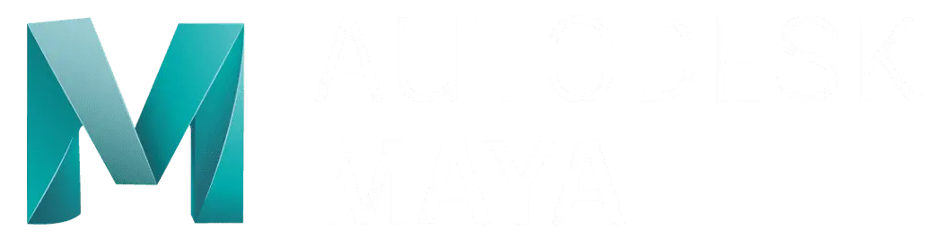Il logo di Autodesk Maya presenta una M stilizzata di colore verde acqua sulla sinistra e la scritta Autodesk Maya in testo bianco su sfondo nero.
