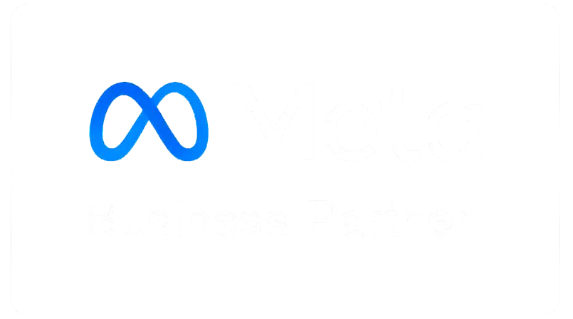 Logo Meta Business Partner con il simbolo Meta blu e la scritta Meta Business Partner in testo bianco su sfondo nero, che evidenzia la competenza nella gestione dei social media.