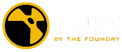Logo di NUKE by The Foundry, con il simbolo stilizzato di una radiazione gialla e nera all'interno di un cerchio sulla sinistra e il testo NUKE BY THE FOUNDRY in grassetto bianco e giallo sulla destra.