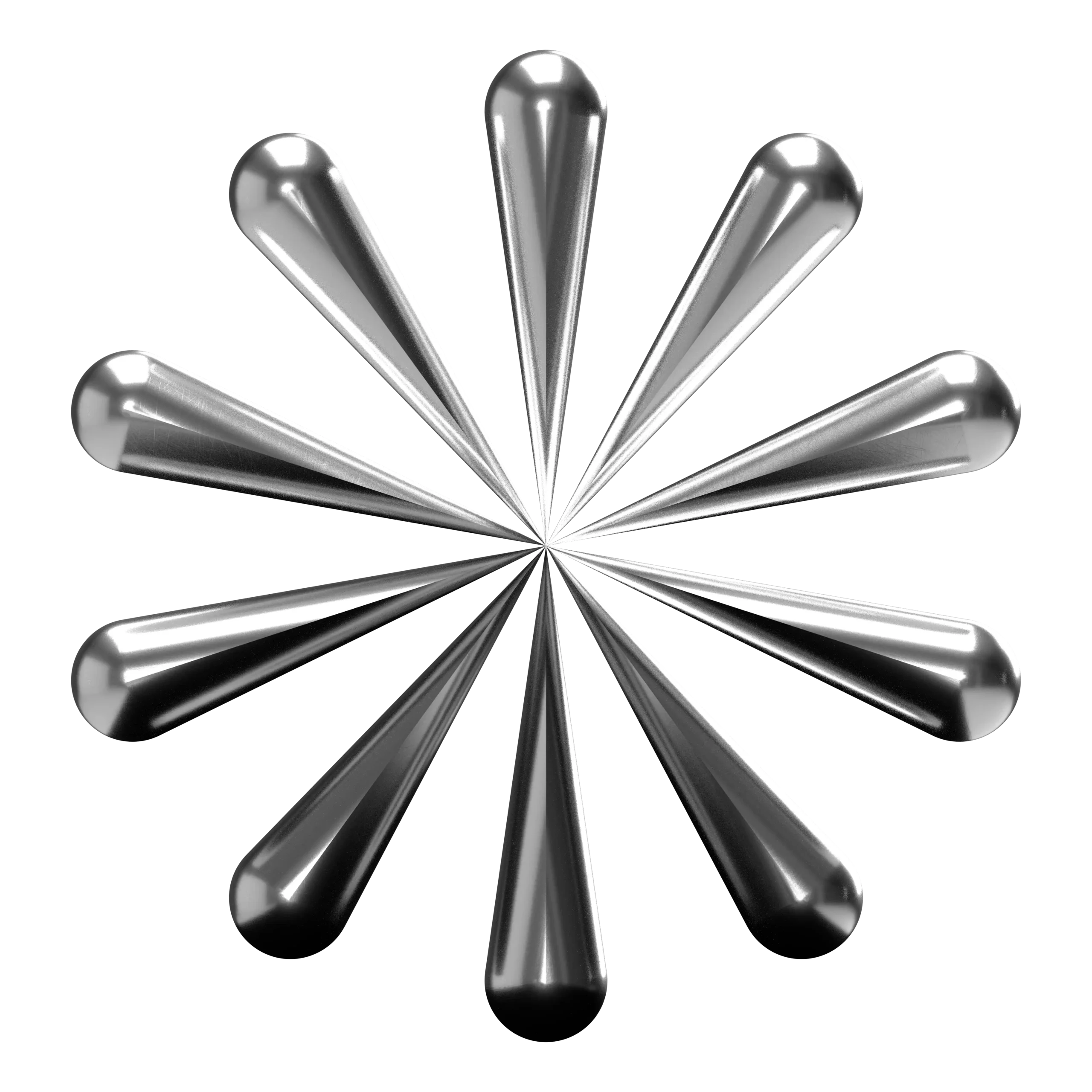 Nove coni metallici lucidi sono disposti a raggiera, come un'esplosione di stelle o un fiore astratto, con le punte appuntite che convergono al centro su uno sfondo nero.