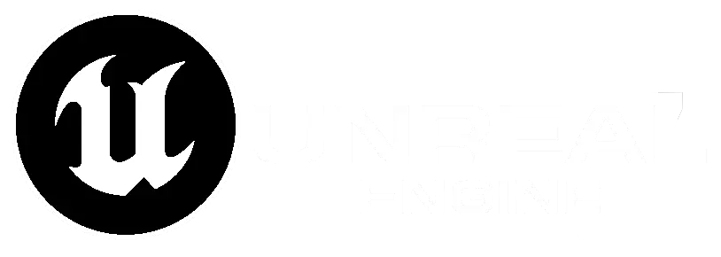 Logo Unreal Engine in bianco su sfondo nero, con una U stilizzata in un cerchio a sinistra e la scritta UNREAL ENGINE a destra.