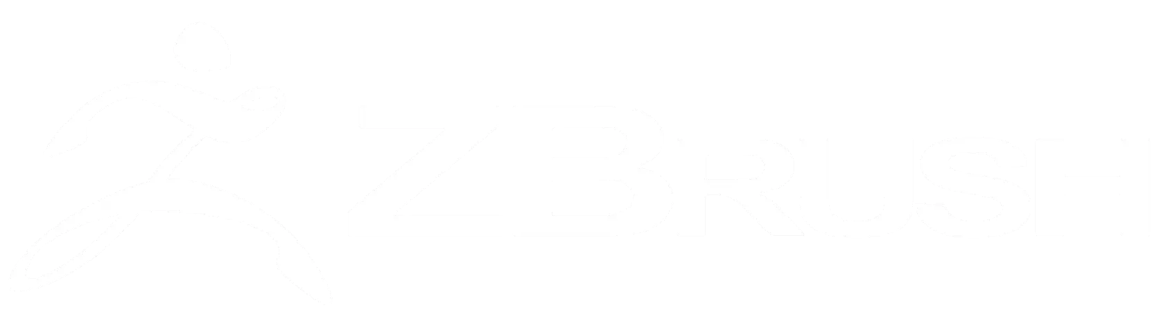 Logo ZBrush bianco su sfondo trasparente, con una figura stilizzata che corre a sinistra della parola ZBrush in grassetto e in lettere maiuscole.