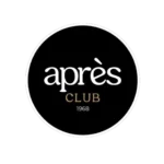 Un logo circolare nero con un contorno bianco con la parola après in bianco, CLUB in oro e 1968 in piccolo testo bianco sotto, il tutto centrato su uno sfondo nero.