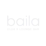 Il testo bianco su sfondo nero recita baila in caratteri grandi, con CLUB X LOUNGE BAR sotto in lettere maiuscole più piccole.
