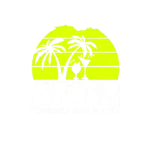 Logo con un tramonto giallo, due palme e due bicchieri da cocktail. Sotto l'immagine, un testo bianco in grassetto recita AFTER e un testo più piccolo recita POWERED BAR PIAZZA. Sfondo nero.