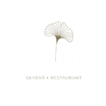 Logo per META Skybar & Restaurant su sfondo nero, con una foglia di ginkgo minimalista in oro sopra la parola META in grassetto, in bianco, e il testo SKYBAR - RESTAURANT sotto in caratteri più piccoli.
