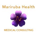 Logo per Mariruba Health Medical Consulting caratterizzato da un fiore viola sfumato con una linea gialla di battito cardiaco al centro. Il nome dell'azienda è in alto, mentre Medical Consulting è scritto in basso in arancione.