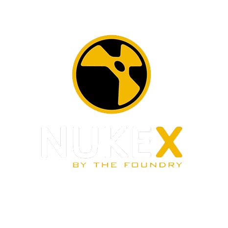 L'immagine mostra il logo NUKE X con un'icona circolare gialla e nera sopra il testo NUKEX e BY THE FOUNDRY, che ricorda una moderna agenzia di marketing dell'Alto Adige, scritto sotto in lettere bianche e gialle su uno sfondo grigio chiaro.