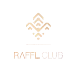 Logo geometrico dorato sopra la scritta RAFFL CLUB in un carattere elegante e moderno su sfondo nero.