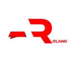 Logo per AR OLAND ELETTRIC caratterizzato da lettere bianche in grassetto AR con una R rossa e la scritta ELETTRIC in basso. L'icona di una lampadina con un fulmine forma la O finale. Sfondo nero.