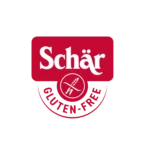 Logo Schär rosso e bianco con la scritta GLUTEN-FREE e l'icona del gambo di grano barrato, che evidenzia la certificazione senza glutine, ideale per un'Agenzia di marketing dell'Alto Adige che promuove marchi di specialità alimentari.