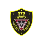 Distintivo di sicurezza nero e giallo con STS in alto, stelle su ogni lato e un triangolo al centro con la dicitura Security Vigilance Investigation and International Bodyguard Protection per un'Agenzia di marketing in Alto Adige.
