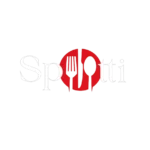 La parola Spotti è scritta in bianco su sfondo nero. Le lettere o sono sostituite da un cerchio rosso contenente una forchetta e un cucchiaio neri.