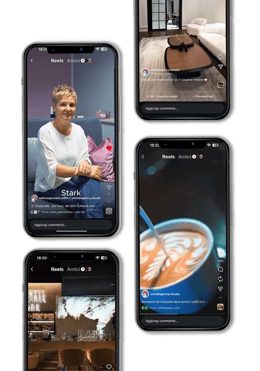 Quattro smartphone visualizzano gli Instagram Reel: una donna su un divano, un salotto elegante, un primo piano di latte art e un interno di un caffè moderno, catturando momenti perfetti per la gestione dei social media e per mostrare uno storytelling visivo coinvolgente.