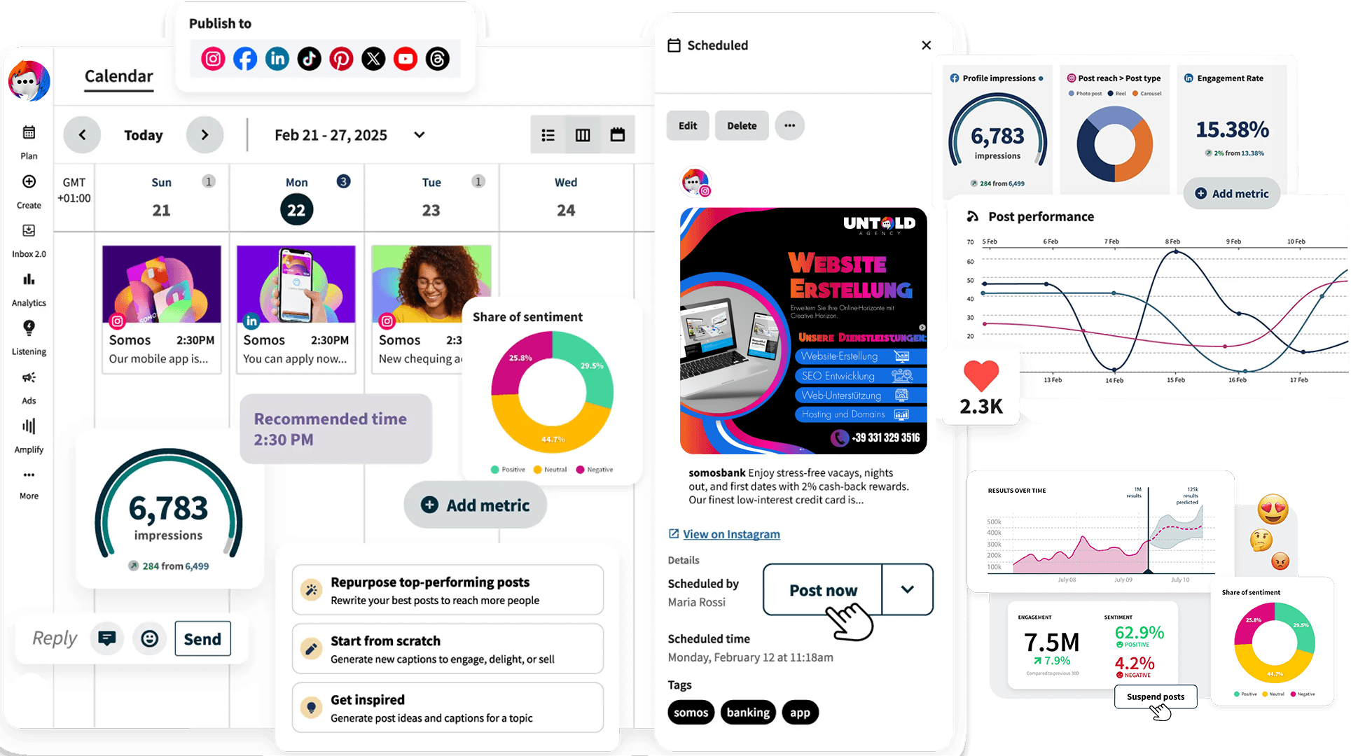 Una dashboard digitale per i social media di gestione visualizza le analisi, tra cui un calendario, le statistiche di coinvolgimento, la condivisione del sentiment, i grafici delle prestazioni dei post, i post programmati e la crescita dei follower con grafici colorati, icone e visualizzazioni di dati.