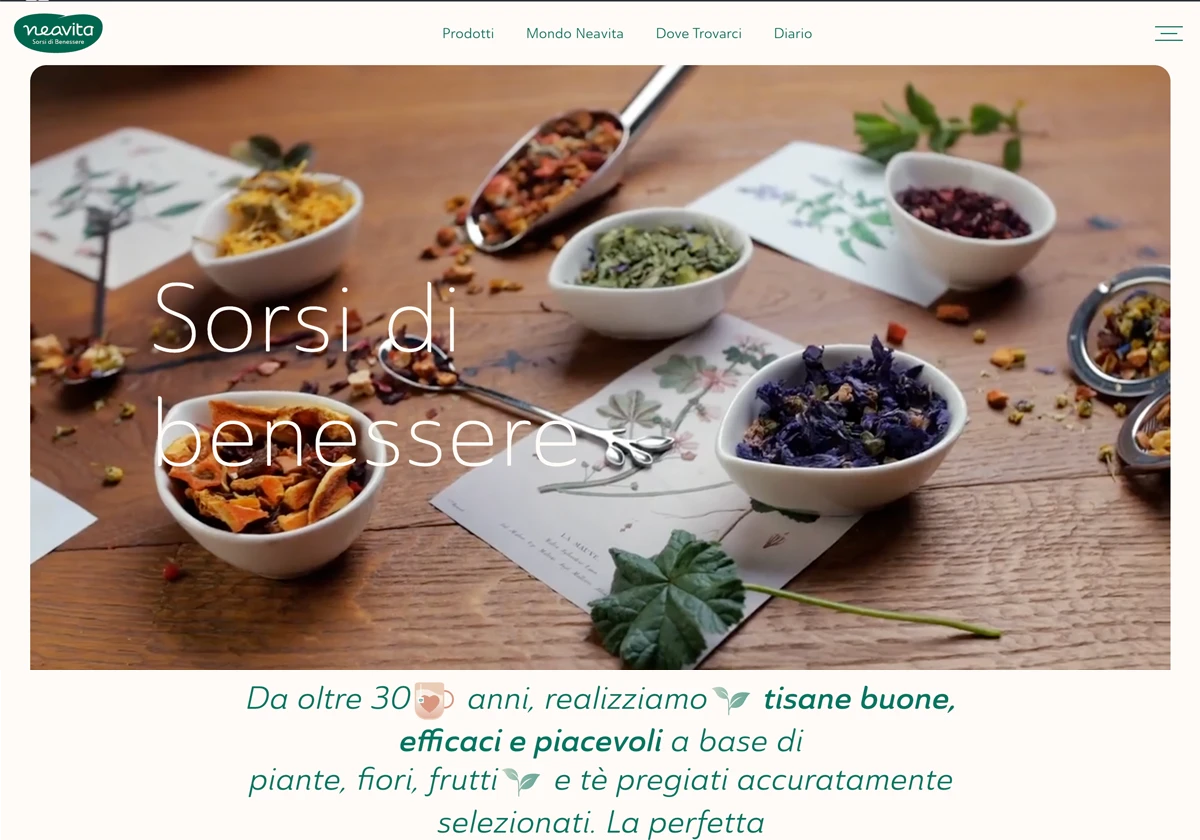 Erbe e fiori secchi assortiti in ciotole bianche sono disposti su un tavolo con illustrazioni botaniche, per promuovere le tisane. Il testo recita Sorsi di benessere, Da oltre 30 anni, realizziamo tisane buone e creiamo siti web dedicati al benessere.
