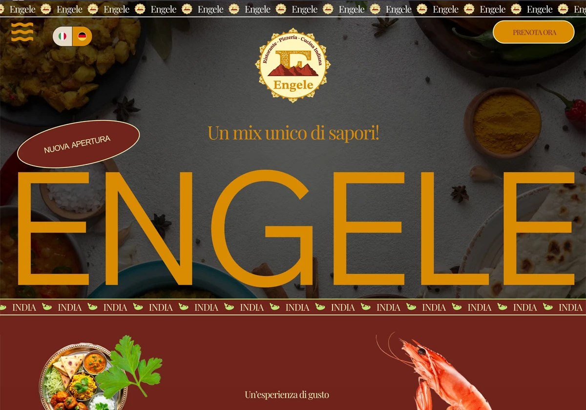 Homepage del sito web del ristorante Engele, realizzata con l'esperienza di creazione siti web, caratterizzata da testi in grassetto di grandi dimensioni, immagini di cibo indiano come gamberi e spezie e un banner che annuncia una nuova apertura. Il design è caratterizzato da colori caldi e dal tema "India".