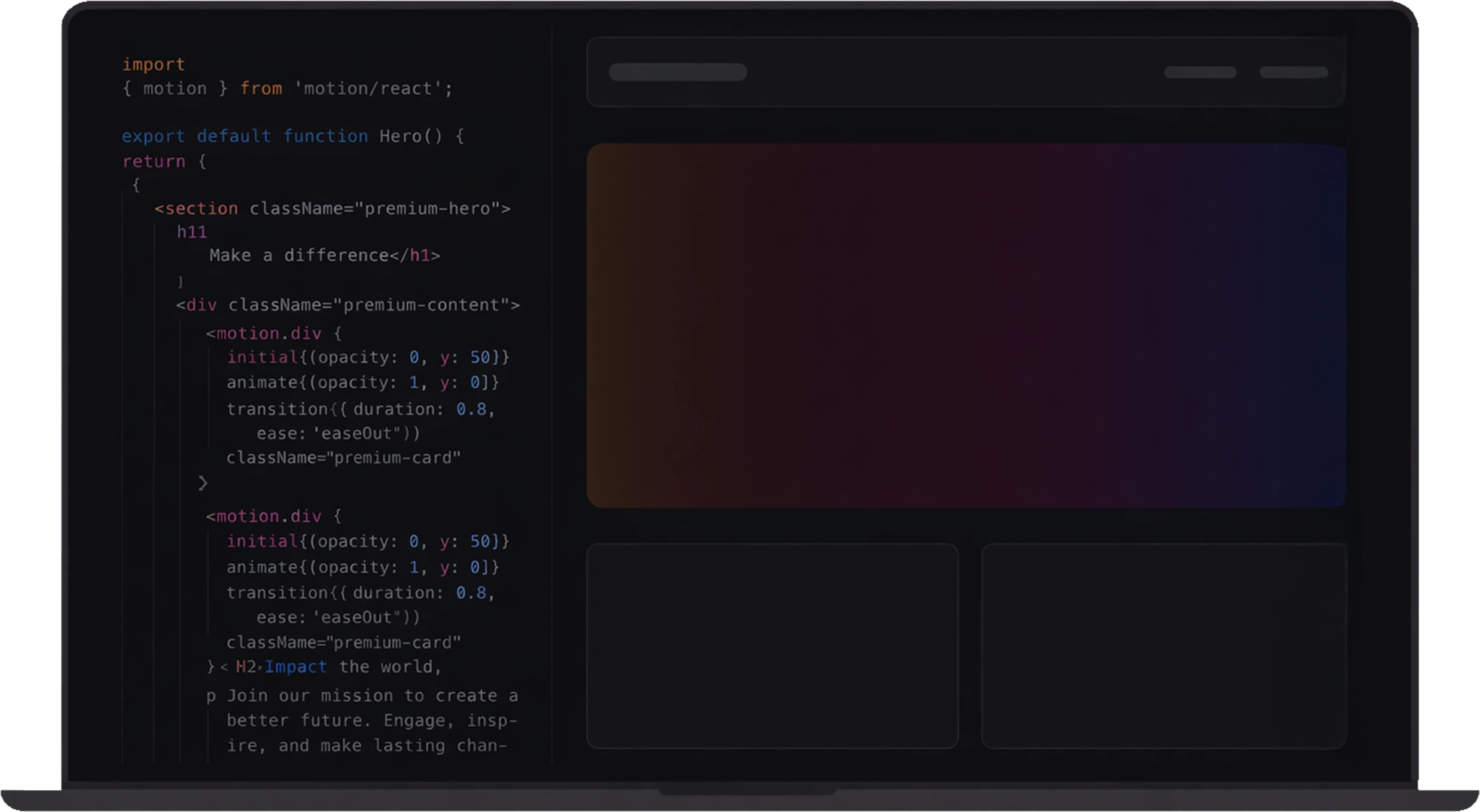 Un editor di codice a tema scuro mostra un componente di funzione React con codice JSX sulla sinistra e un riquadro di anteprima sfocato sulla destra, con colori sfumati: ideale per la creazione di siti web e lo sviluppo di moderne UI.