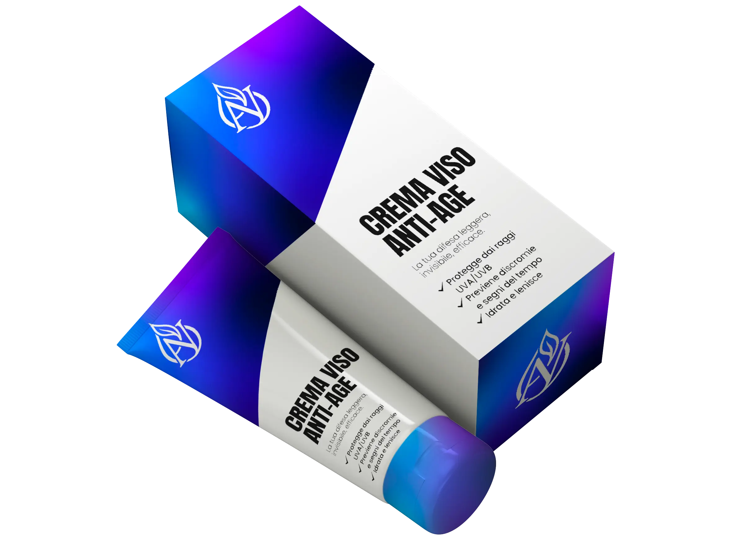 Un tubo e una scatola di Crema Viso Anti-Age per il viso con un elegante design blu, viola e bianco sfumato. La confezione elenca benefici quali l'anti-invecchiamento, l'aumento del collagene e l'idratazione, in italiano.
