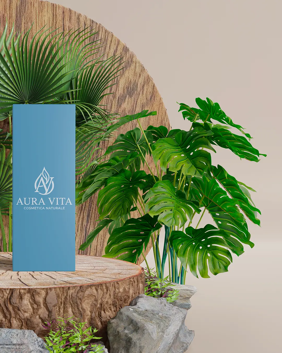 Una scatola di prodotti cosmetici blu con l'etichetta Aura Vita Cosmética Natural si trova su una piattaforma di legno circondata da piante verdi tropicali e rocce, con uno sfondo beige.