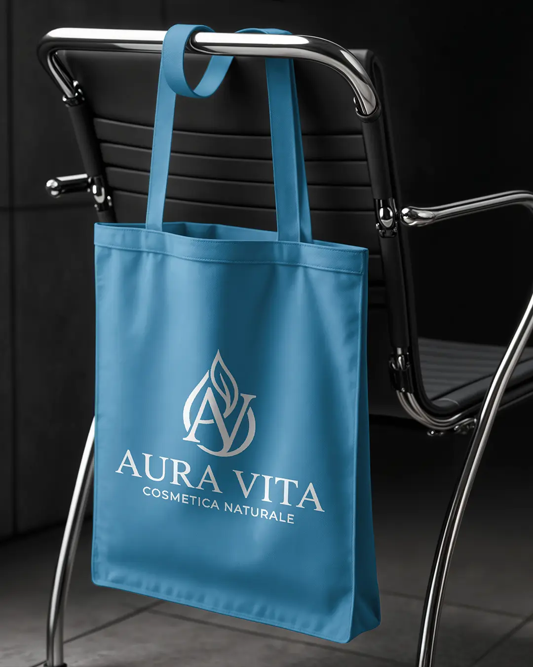 Una tote bag blu con il logo bianco e il testo Aura Vita Cosmetica Naturale è appesa allo schienale di una moderna sedia nera e cromata.