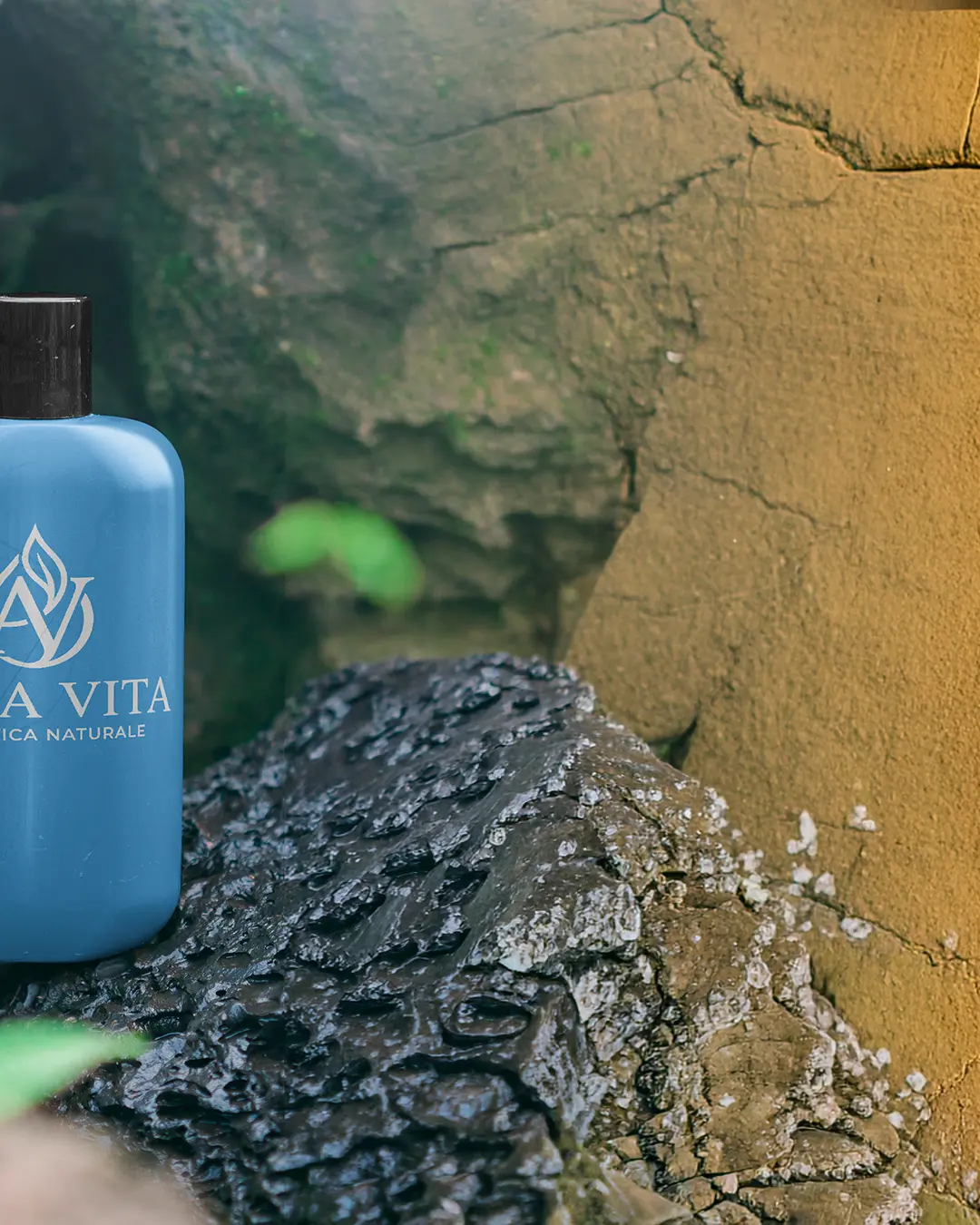 Una bottiglia blu con tappo nero e logo decorativo bianco si trova su una superficie rocciosa strutturata, accanto a una vegetazione e a un muro di pietra marrone grezzo.