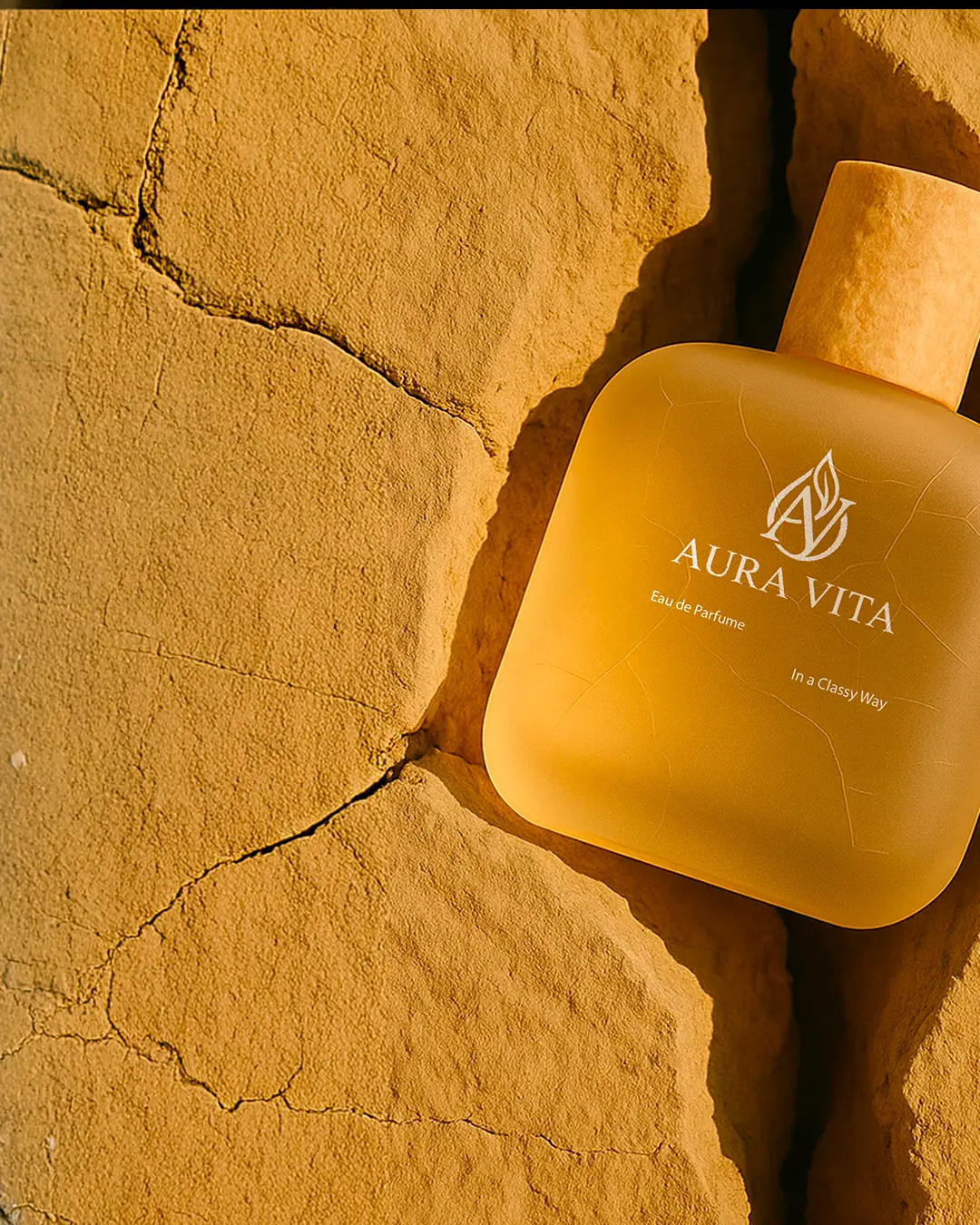 Un flacone giallo di profumo Aura Vita poggia su una terra secca e crepata, illuminata dal sole, creando un'estetica calda e terrosa.