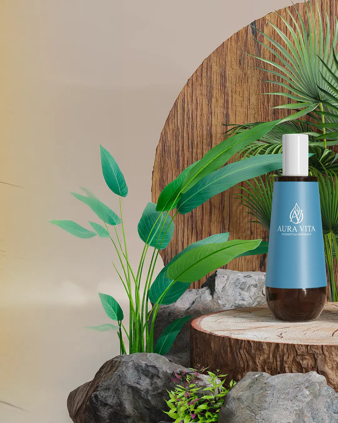 Un flacone di cosmetici Aura Vita blu e marrone si trova su un ceppo d'albero, circondato da foglie verdi, rocce e piante su uno sfondo neutro con elementi in legno e naturali.