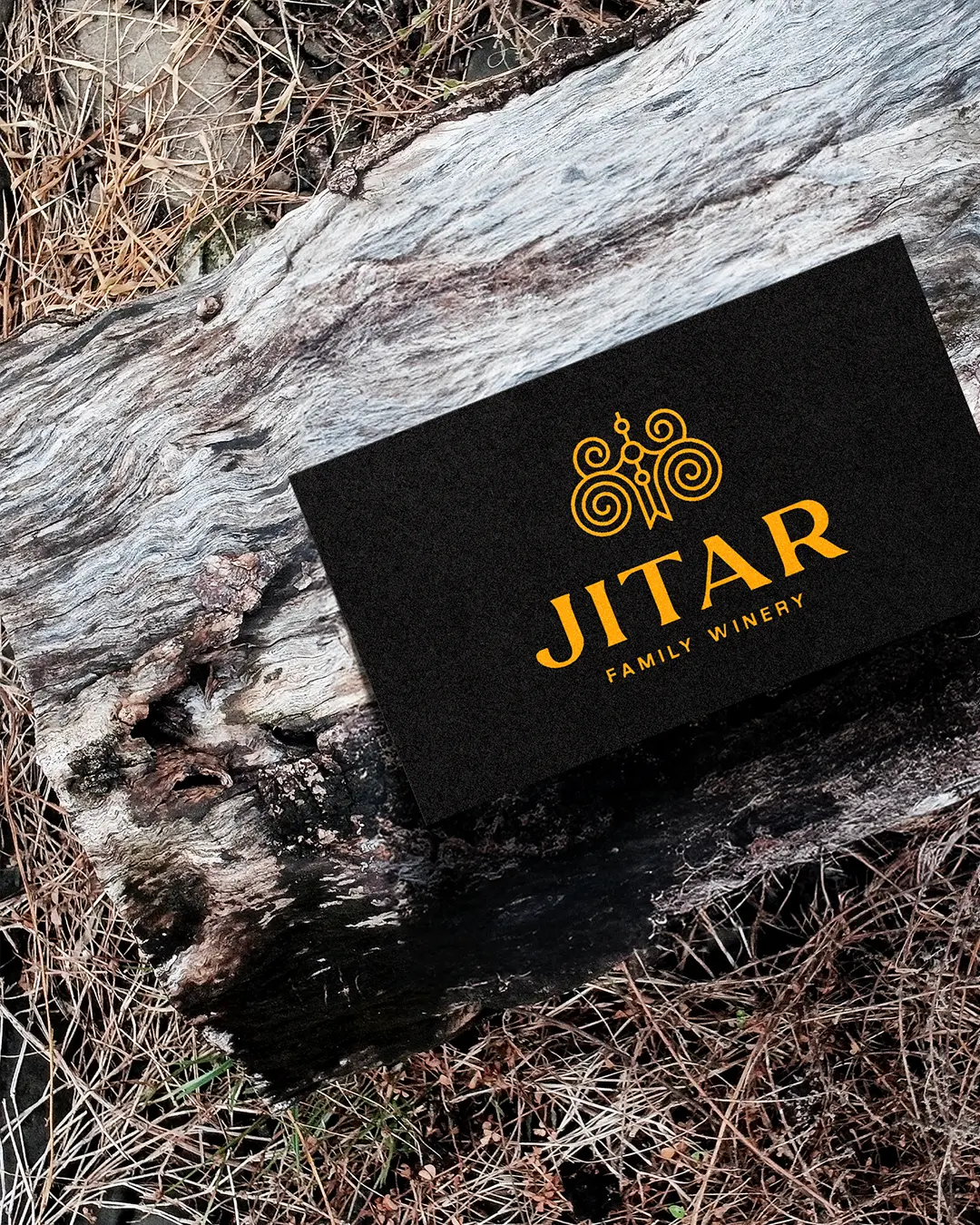 Un biglietto da visita nero con testo e logo dorati, con la scritta JITAR FAMILY WINERY, è appoggiato su un pezzo di legno rovinato dalle intemperie e circondato da erba secca.