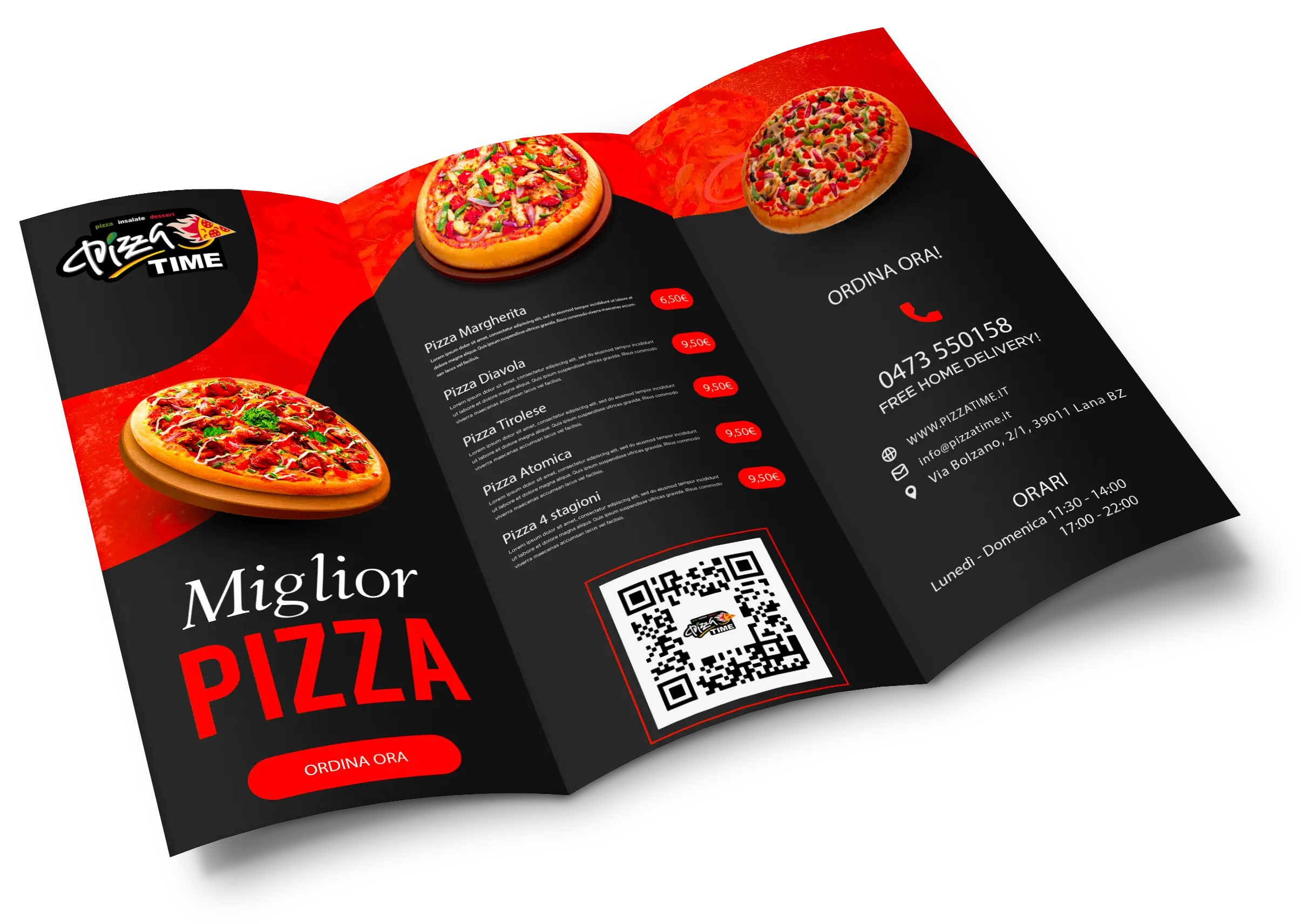Un menu pizza trifold con colori rossi e neri, con immagini di pizze, un elenco di opzioni di pizza con prezzi, un codice QR, informazioni di contatto e orari di lavoro in italiano.